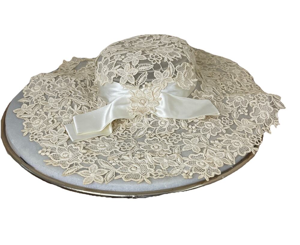 VTG 60s Bridal Lace Tulle Hat Wide Brim Edwardian House Of Bianchi Cream Small